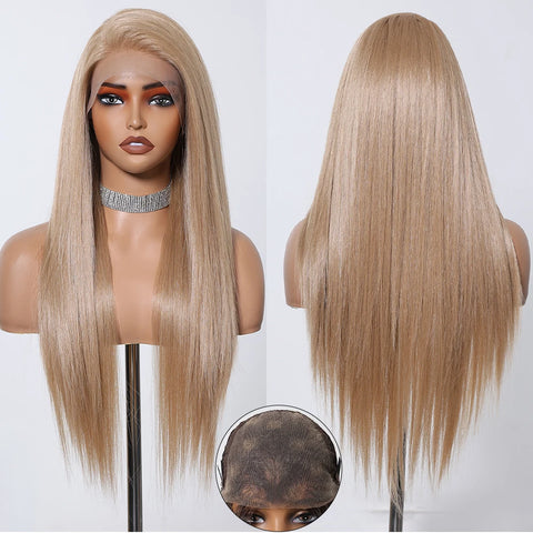 Long Straight Afro 13*6  Transparent Lace Frontal Synthetic Wigs Preplucked Brown Blonde Highlight Mixed Wig for Black Women Wig