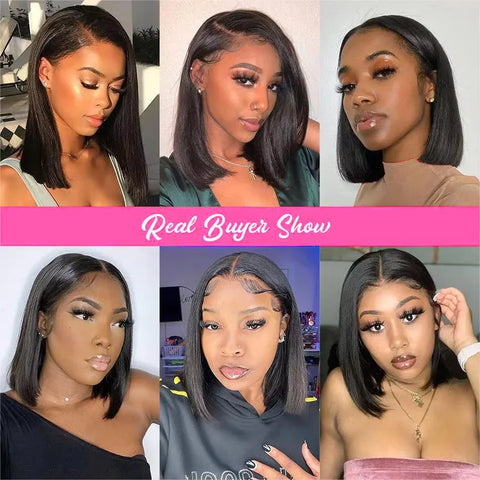 250% Density Glueless Bone Straight 13x6 Short Bob Half Lace Front Wig HD Frontal Braided Black 100% Human Hair Wigs