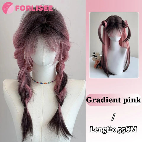FORLISEE Ombre Black Pink Synthetic Wigs For Cosplay Long Straight Layered Wigs With Bangs For Women Heat Resistant Fake Hair
