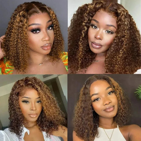 Highlight Ombre Bob Wig Human Hair 100% 5X5 Hd Lace Closure Wig Curly Short Honey Blonde Colored Glueless Deep Wave Frontal Wigs
