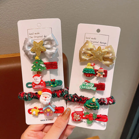 5/10 Pcs Children's Christmas Hair Accessories Set Heart Santa Claus Hair Clips & Gold Hair Bands Cute Buckles Tweezers For Girl