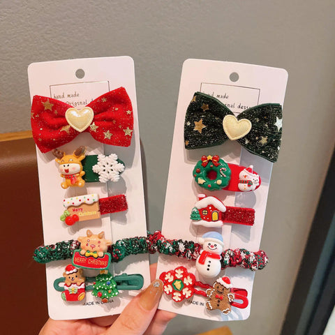 5/10 Pcs Children's Christmas Hair Accessories Set Heart Santa Claus Hair Clips & Gold Hair Bands Cute Buckles Tweezers For Girl