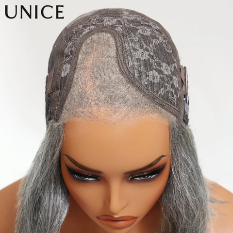 UNICE Hair Side Part Grey Bob Wig Pre Cut 6.5x1.5 Lace Layered Blowout Salt & Pepper Glueless Wig Human Hair Ready To Wear