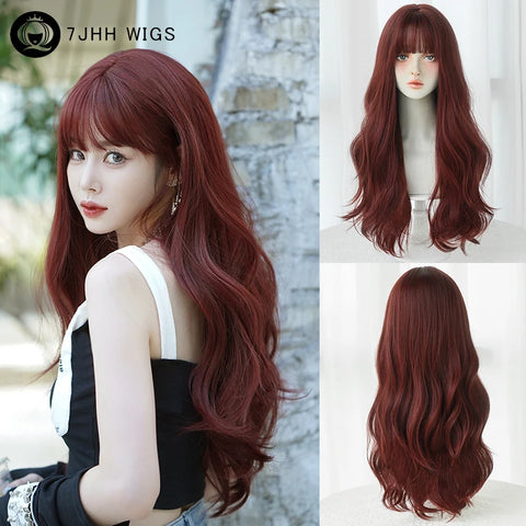 7JHH WIGS Honey Brown Wigs with Neat Bangs High Density Synthetic Loose Brown Hair Wig for Women Daily Use Beginner Friendly