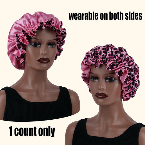 1PC Hair Bonnet Printed Leopard Double Layer Satin Splicing Hair Bonnet For Sleeping For Curly And Straight Hair