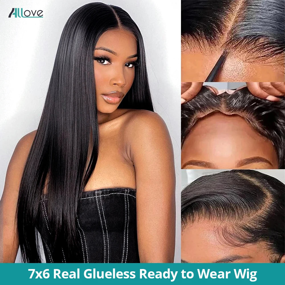 Allove 7X6 Real Glueless Straight Lace Front Wig Ready To Go Natural Color Brazilian 100% Human Hair Easy For Women