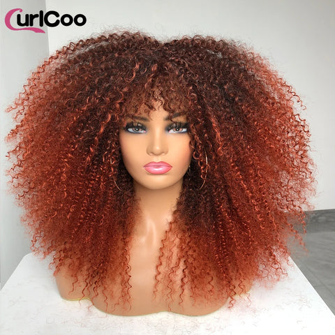 Curly Wig With Bangs Afro Curly Wigs for Black Women Synthetic Fiber Fluffy Long Curly Wig for Daily Party Cosplay