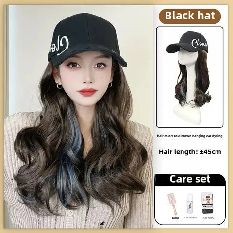 Korean Style Hat Wig Integrated Romantic Casual Face Slimming Long Curling Natural Comfortable Hair for Women