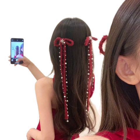 1/2PCS Red Knitted Bow Hair Accessory, Pearl Tassel Snowflake Hair Clip, Winter Christmas Hair Decor, Elegant Long Tassel Hair