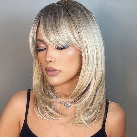 Short Straight Blonde Hair For Black Women Shoulder Length Layered Natural Hairline Synthetic Heat Resistant Wig