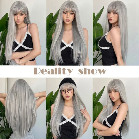 Long Straight Synthetic Wig Granny Gray Center Part Natural Bangs High Temperature Silk Wig For White Women Cosplay Daily
