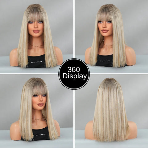 NAMM Shoulder Length Wig Synthetic Straight Blonde Ombre Brown Wigs For Women Daily Party High Density Layered Wigs With Bang