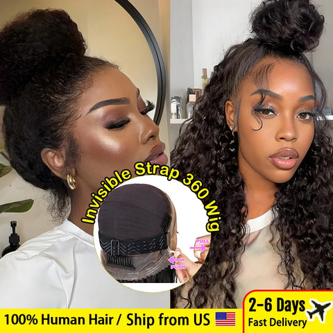 4C Edges Invisible Strap Drawstring Lace Wig Kinky Curly Deep Water 100% Human Hair Wig 30 inch 360 Full Hd Lace Glueless Wig