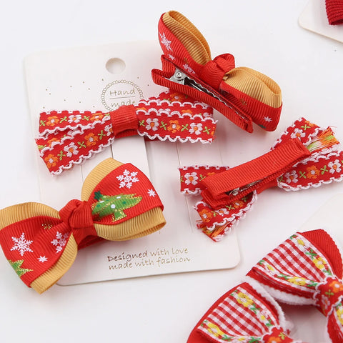 2Pcs/Set Christmas Baby Girls Hair Clips Ribbon Flower Tree Snowflake Resin Hair Bows Xmas Dance Party Hairpins Hairgrips