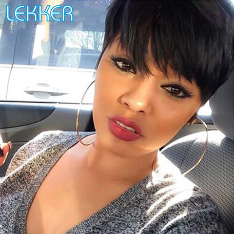Lekker Colored Short Pixie Cut Straight Bob 100% Human Hair Wigs With Bangs For Women Brazilian Remy Hair Burgundy Red Daily Wig