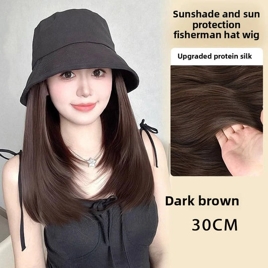 Hat Wig One-Piece Female Natural Fashion Sun-Proof Sun-Proof Bucket Hat Straight Hair Synthetic Wig Full-Head  wigs for women
