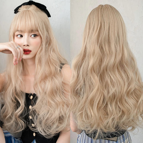 7JHH WIGS Long Wavy Pink Wigs for Women Daily Party Costume Synthetic Hair Wig with Bangs Halloween Costume Carnival Lolita Wig