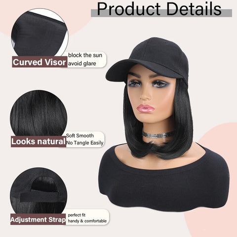 Baseball Cap with Synthetic Hair Extensions Straight Short Bob Hairstyle Adjustable Removable Wig Hat 10 inch for Woman Girl