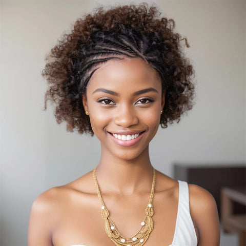 13x4 Lace Frontal Natural Black Afro Curly Human Hair with Braids for Black Women 6 Inches 100% Remy Hair Brazilian Hair Wig