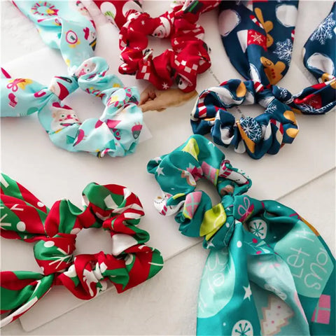 Santa Claus Bows Hair Scrunchies Long ribbon Ponytail Scarf Hair Tie Women Girls Elastic Hair Bands Christmas Hair Accessories