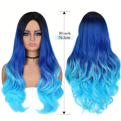 30Inch Long  wave wig Synthetic Hair Wig Black Blue Purple Gradient For Women  For Halloween Daily Cosplay Party wig