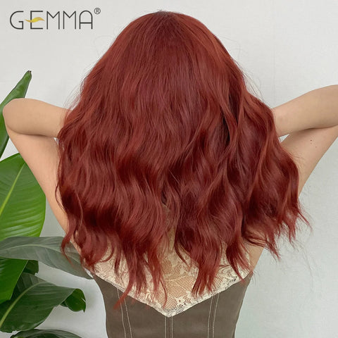 GEMMA Middle Length Red Brown Curly Wig with Bangs Synthetic Cosplay Wavy Natural Hair Wigs for Women Daily Heat Resistant Fibre