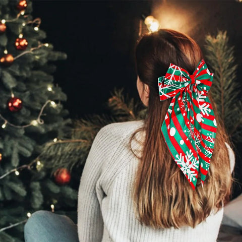 1PC Christmas Bow Hair Accessories Set, Festive Satin Snowflake/Santa Print Hair Bows,Red Green Holiday Hair Decor,Elegant Xmas