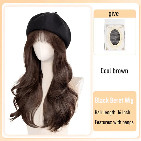 synthetic 16 inch black beret big wave long curly wig water wave baseball cap duck tongue hat fisherman hat Hat Wig Christmas