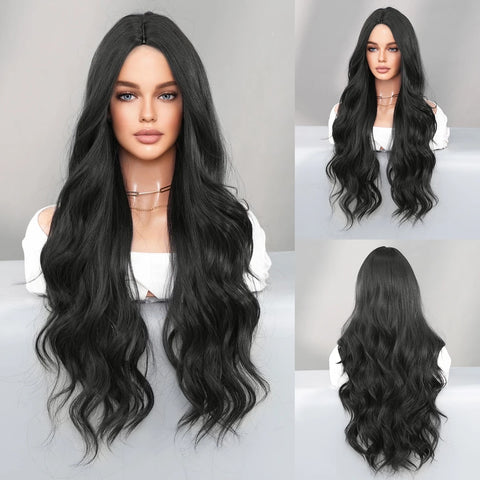 PARK YUN Costume Wig Long Wavy Brown Wig For Women Daily Party Dark Roots Synthetic Blonde Highlight Wigs High Density With Bang