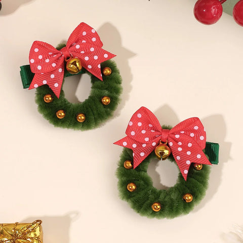 2Pcs Christmas Wreath Hair Clips With Bell Polka Dot Bow Hairpins Fluffy Barrette For Girls Christmas New Year Hair Accessories