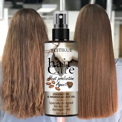 YUITIKUE Leave-In Heat Protectant Spray w/ Coconut & Moroccan Oil - Moisturize & Smooth Dry Damaged Hair, Easy Press Nozzle