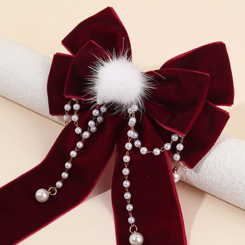 Elegant Red Bow Hair Accessories Sweet Faux Pearls Pendant Hair Clips Ponytail Barrette For Women Girls Fall＆Winter Hedwear