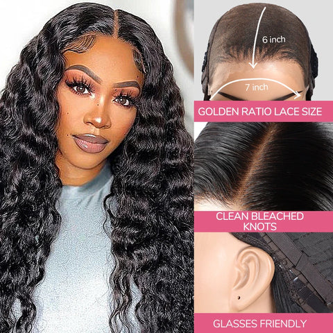 PartingMax Water Wave 7x6 Lace Glueless Wigs Prebleached HD Lace Frontal Wig Bleached Knots Swiss Lace Closure Wig with Babyhair