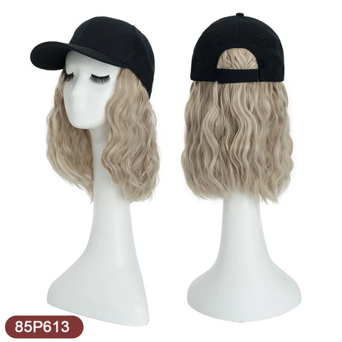 Benehair Hat Wig for Women 8 Inches Wave Baseball Cap Wig with Curly Hair Extensions Wig Synthetic Wave Wig Hat Adjustable Brown