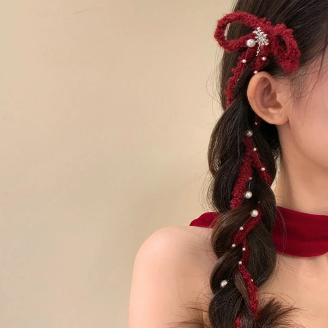 1/2PCS Red Knitted Bow Hair Accessory, Pearl Tassel Snowflake Hair Clip, Winter Christmas Hair Decor, Elegant Long Tassel Hair