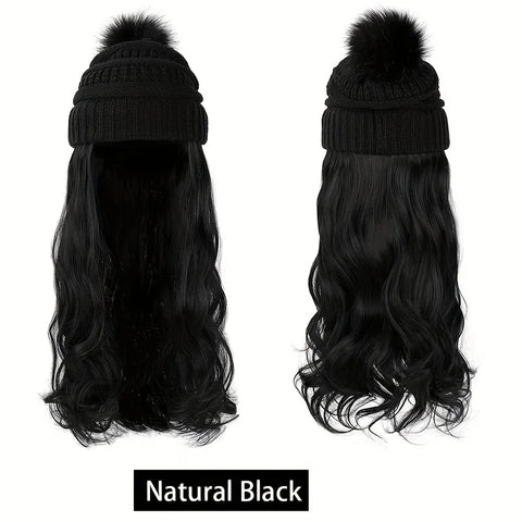 20inch Long Water Wavy Synthetic Hairpiece Beanie Hat - Woven Wigs with Knit Pom Cap and Warm Winter Design - Soft, Detachable,