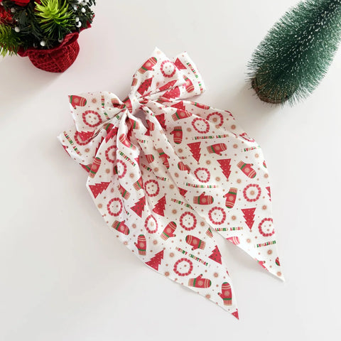 1PC Christmas Bow Hair Accessories Set, Festive Satin Snowflake/Santa Print Hair Bows,Red Green Holiday Hair Decor,Elegant Xmas