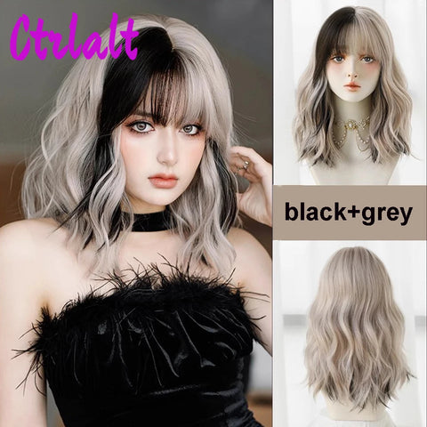 Shoulder Black Brown Layered Synthetic Natural Hair Wigs For Women Body Wave Daily Women's Wig with Curtain Bangs Heat Resistant