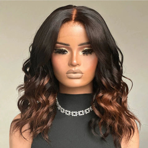 Ombre Brown Shoulder Length Human Hair Bob Wigs for Women Short Wavy 13x4 Lace Front Wig 16inch Pre Plucked Glueless Wig