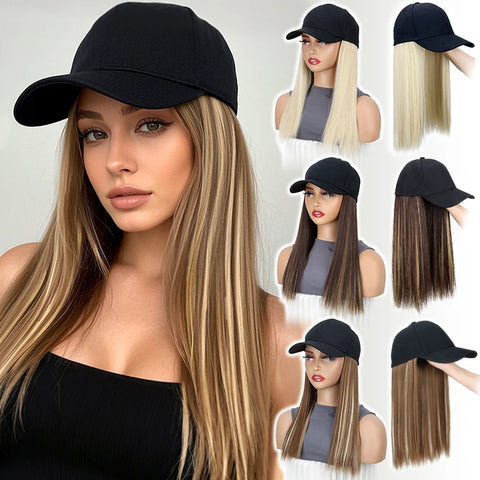 Synthetic Hat Wig with Long Straight Black Hair Baseball Cap Hair Extension Stylish & Convenient All-in-One Design for Women
