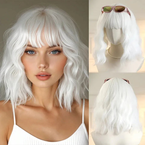 Christmas Short Curly Wavy Burgundy Wine Red Synthetic Wig Lolita Hair Wig with Bangs for Women Cosplay Party use Heat Resistant