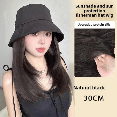 Hat Wig One-Piece Female Natural Fashion Sun-Proof Sun-Proof Bucket Hat Straight Hair Synthetic Wig Full-Head  wigs for women