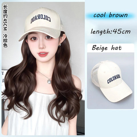 Long Wavy Synthetic Wig Baseball Rice Black Cap With Hair Extensions Hat Wigs Natural Black Connect Wig Adjustable For Women