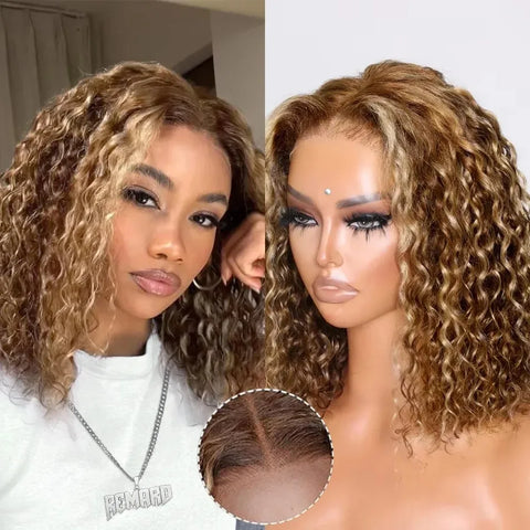 Highlight Ombre Bob Wig Human Hair 100% 5X5 Hd Lace Closure Wig Curly Short Honey Blonde Colored Glueless Deep Wave Frontal Wigs