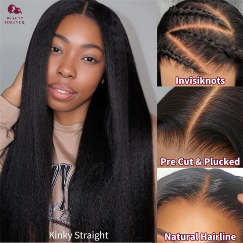 Beauty Forever New Drawstring Yaki Straight Glueless Wig Bye Bye Knots Wear and Go Yaki Straight Lace Front Human Hair Wig