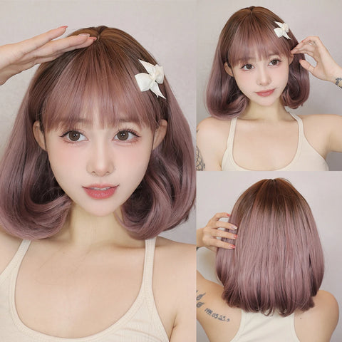 Light Brown Synthetic Wigs Straight Short Bob Cut with Bangs Wig for White Women Korean Daily Party Cosplay Heat Resistant Hair