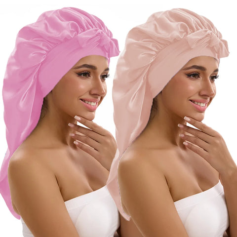 1/2/3pcs Satin Sleep Caps with Ribbon Tie - Black & Pink, Polyester Night Hats for Long Hair, Casual and Stylish Design