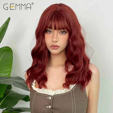 GEMMA Middle Length Red Brown Curly Wig with Bangs Synthetic Cosplay Wavy Natural Hair Wigs for Women Daily Heat Resistant Fibre