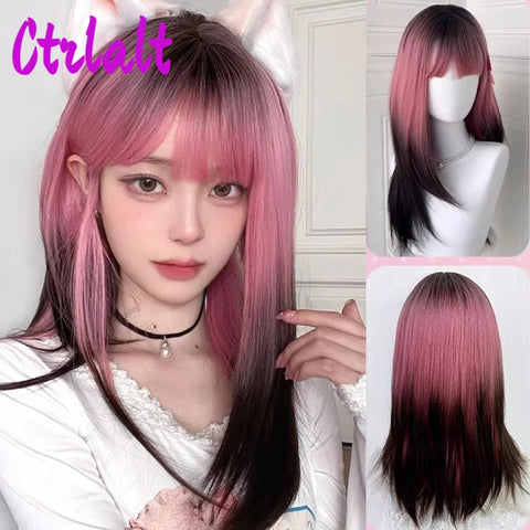 Shoulder Black Brown Layered Synthetic Natural Hair Wigs For Women Body Wave Daily Women's Wig with Curtain Bangs Heat Resistant