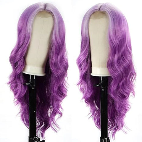 Long Wavy Purple Wigs for Women Synthetic Ombre Purple Curly Wavy Wig 26 Inch Middle Part Heat Resistant Wig  (Ombre Purple)